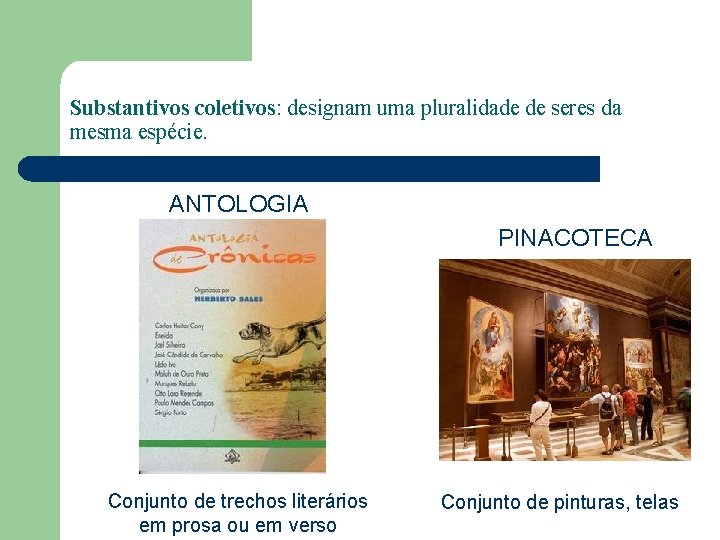 Substantivos coletivos: designam uma pluralidade de seres da mesma espécie. ANTOLOGIA PINACOTECA Conjunto de