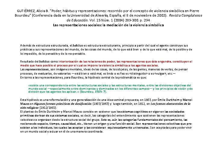 GUTIÉRREZ, Alicia B. “Poder, hábitus y representaciones: recorrido por el concepto de violencia simbólica GUTIÉRREZ, Alicia B. “Poder, hábitus y representaciones: recorrido por el concepto de violencia simbólica