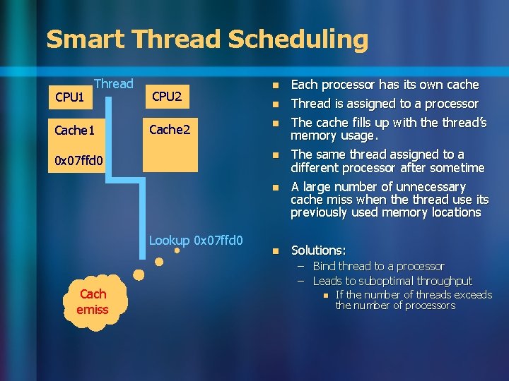 Smart Thread Scheduling CPU 1 Thread Cache 1 CPU 2 Cache 2 n n