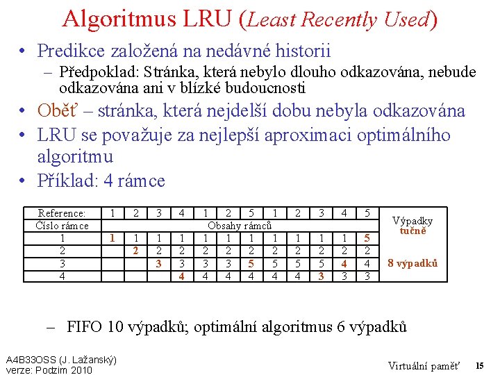 Algoritmus LRU (Least Recently Used) • Predikce založená na nedávné historii – Předpoklad: Stránka,