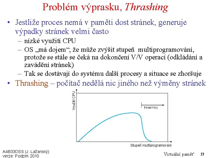 Problém výprasku, Thrashing • Jestliže proces nemá v paměti dost stránek, generuje výpadky stránek