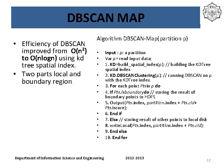 DBSCAN MAP • Efficiency of DBSCAN improved from O(n 2) to O(nlogn) using kd