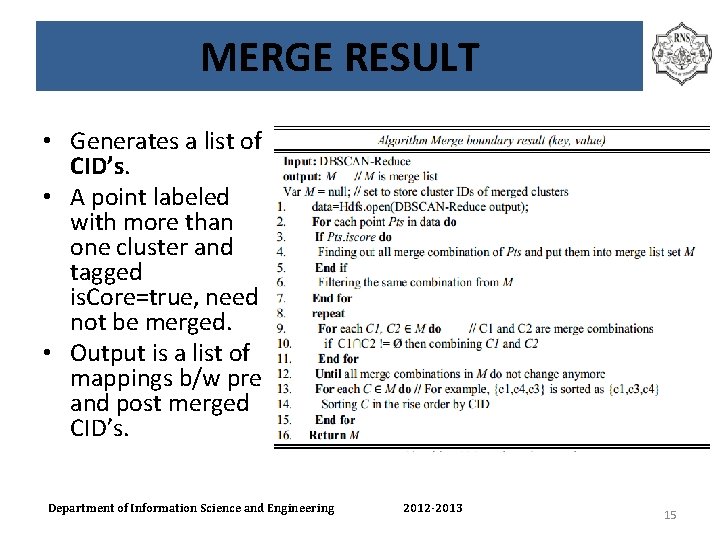 MERGE RESULT • Generates a list of CID’s. • A point labeled with more