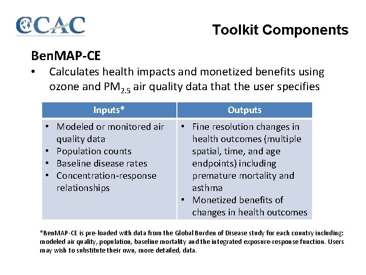 Toolkit Components Ben. MAP-CE • Calculates health impacts and monetized benefits using ozone and