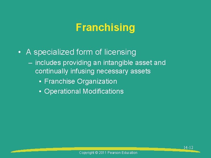 Franchising • A specialized form of licensing – includes providing an intangible asset and