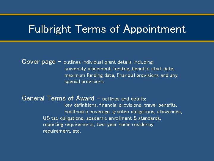 Fulbright Terms of Appointment Cover page – outlines individual grant details including: university placement,