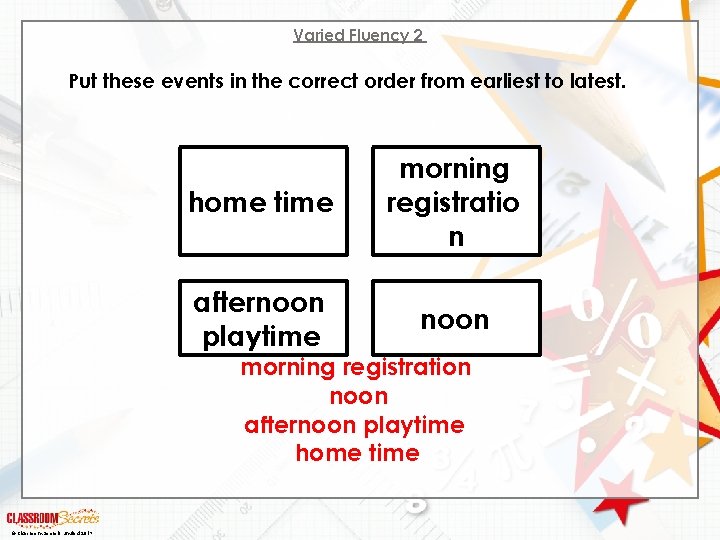 Varied Fluency 2 Put these events in the correct order from earliest to latest.