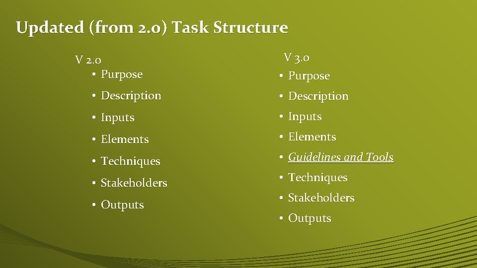 Updated (from 2. 0) Task Structure V 2. 0 • Purpose V 3. 0