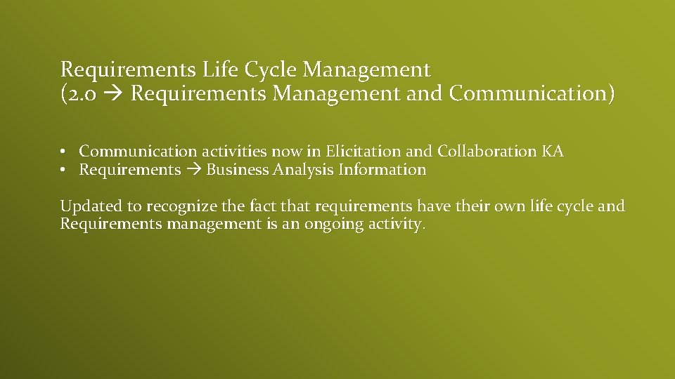 Requirements Life Cycle Management (2. 0 Requirements Management and Communication) • Communication activities now