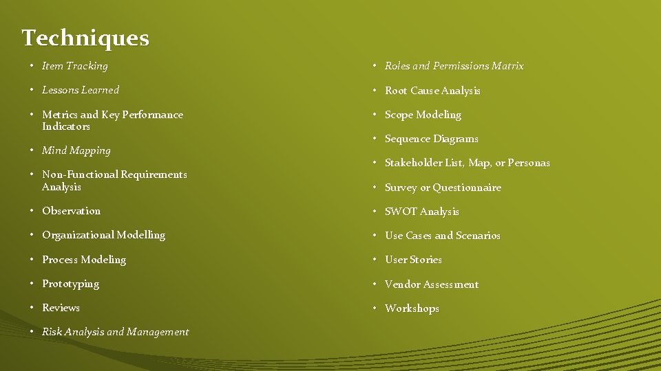 Techniques • Item Tracking • Roles and Permissions Matrix • Lessons Learned • Root