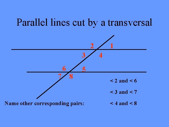Parallel lines cut by a transversal 2 3 7 6 8 1 4 5