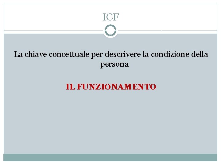 ICF La chiave concettuale per descrivere la condizione della persona IL FUNZIONAMENTO 