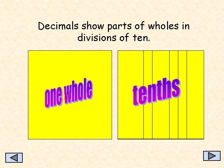 Decimals show parts of wholes in divisions of ten. 