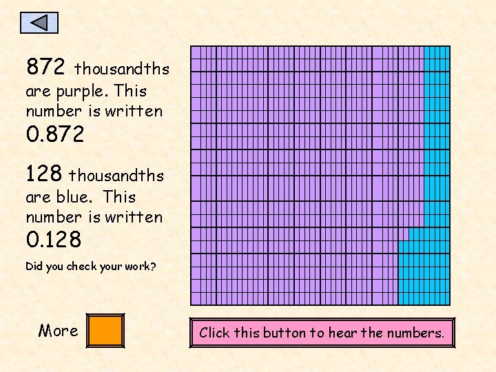 872 thousandths are purple. This number is written 0. 872 128 thousandths are blue.