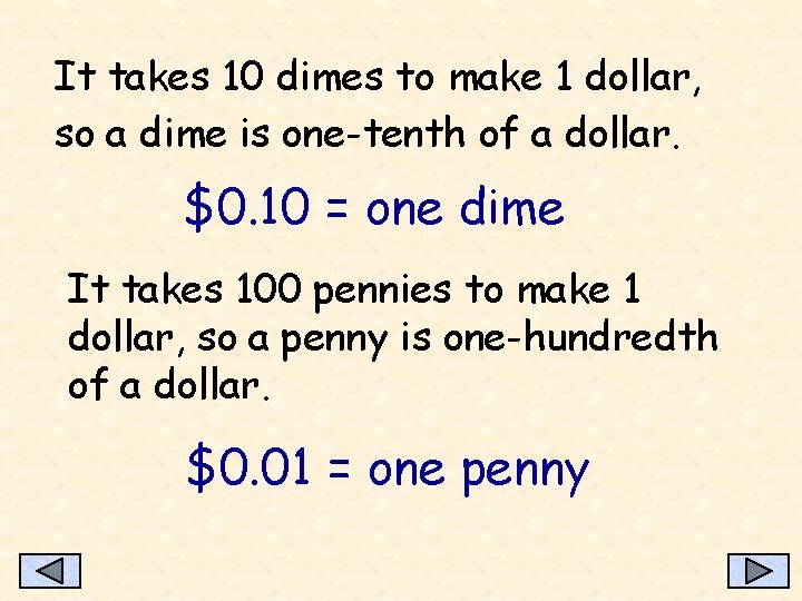 It takes 10 dimes to make 1 dollar, so a dime is one-tenth of
