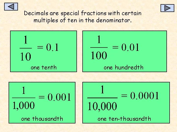 Decimals are special fractions with certain multiples of ten in the denominator. = 0.