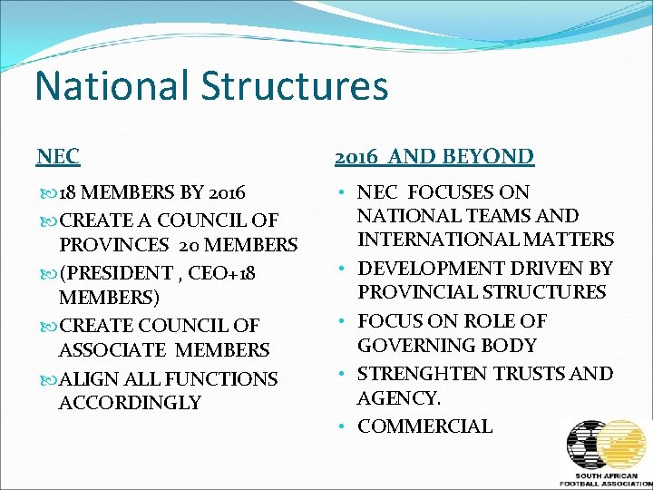 National Structures NEC 2016 AND BEYOND 18 MEMBERS BY 2016 CREATE A COUNCIL OF