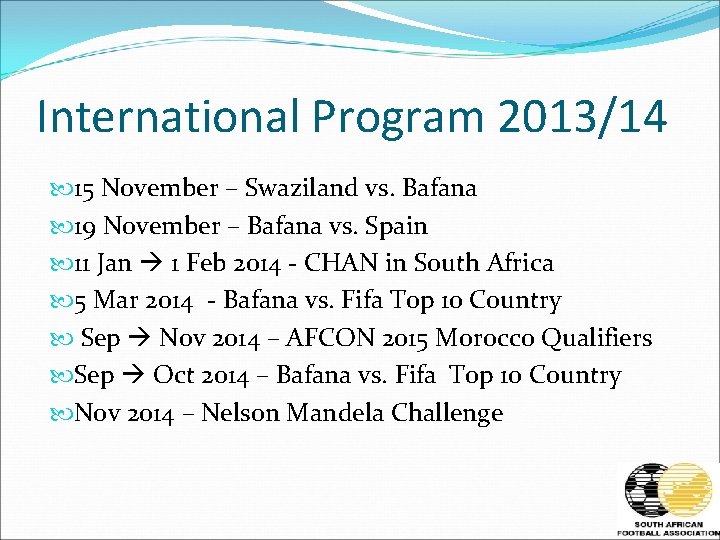 International Program 2013/14 15 November – Swaziland vs. Bafana 19 November – Bafana vs.