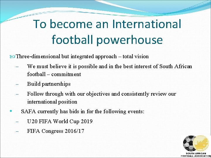 To become an International football powerhouse Three-dimensional but integrated approach – total vision –