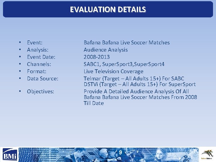 EVALUATION DETAILS • • • Event: Analysis: Event Date: Channels: Format: Data Source: •