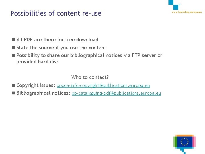 17 Possibilities of content re-use n All PDF are there for free download n