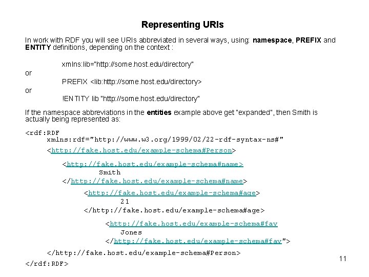 Representing URIs In work with RDF you will see URIs abbreviated in several ways,
