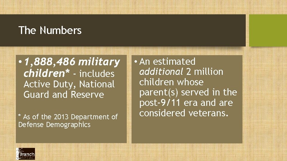 The Numbers • 1, 888, 486 military children* - includes Active Duty, National Guard