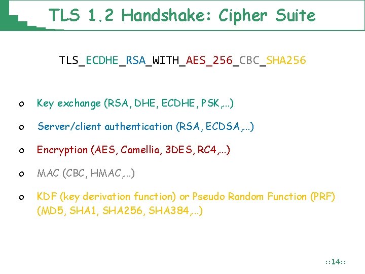 TLS 1. 2 Handshake: Cipher Suite TLS_ECDHE_RSA_WITH_AES_256_CBC_SHA 256 o Key exchange (RSA, DHE, ECDHE,