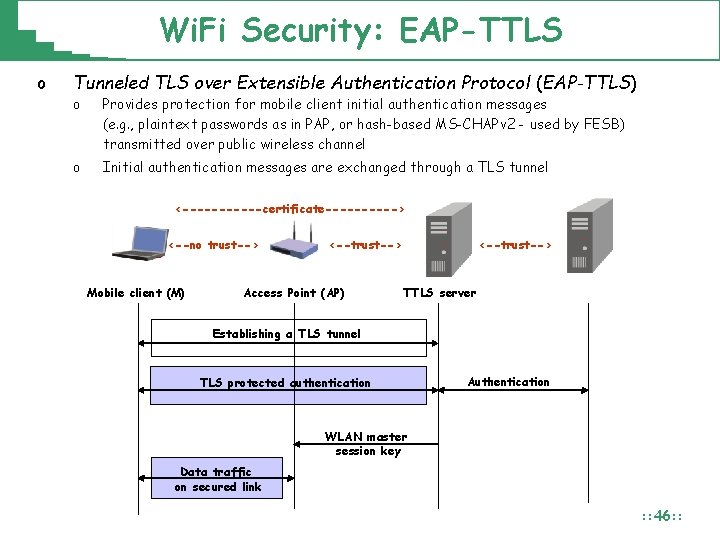 Wi. Fi Security: EAP-TTLS o Tunneled TLS over Extensible Authentication Protocol (EAP-TTLS) o Provides