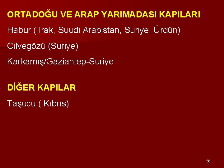 ORTADOĞU VE ARAP YARIMADASI KAPILARI Habur ( Irak, Suudi Arabistan, Suriye, Ürdün) Cilvegözü (Suriye)