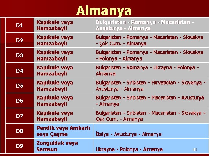 Almanya D 1 Kapıkule veya Hamzabeyli Bulgaristan - Romanya - Macaristan Avusturya - Almanya