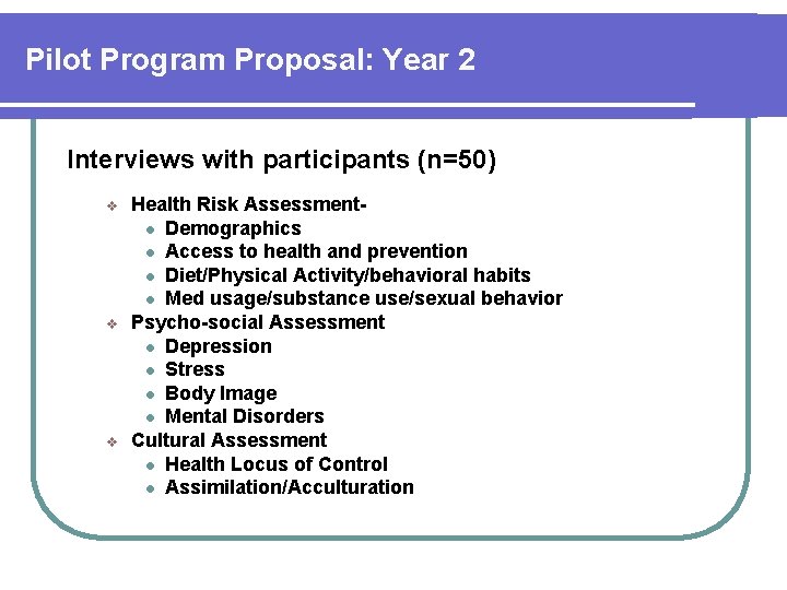 Pilot Program Proposal: Year 2 Interviews with participants (n=50) v v v Health Risk
