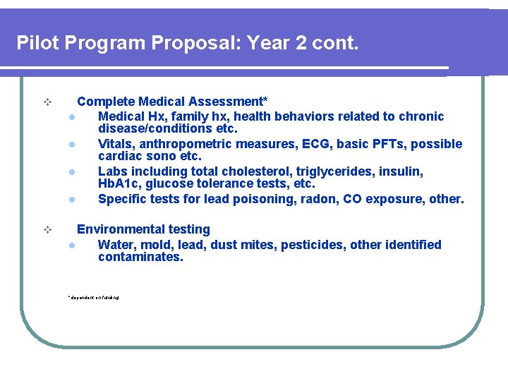 Pilot Program Proposal: Year 2 cont. v Complete Medical Assessment* l Medical Hx, family