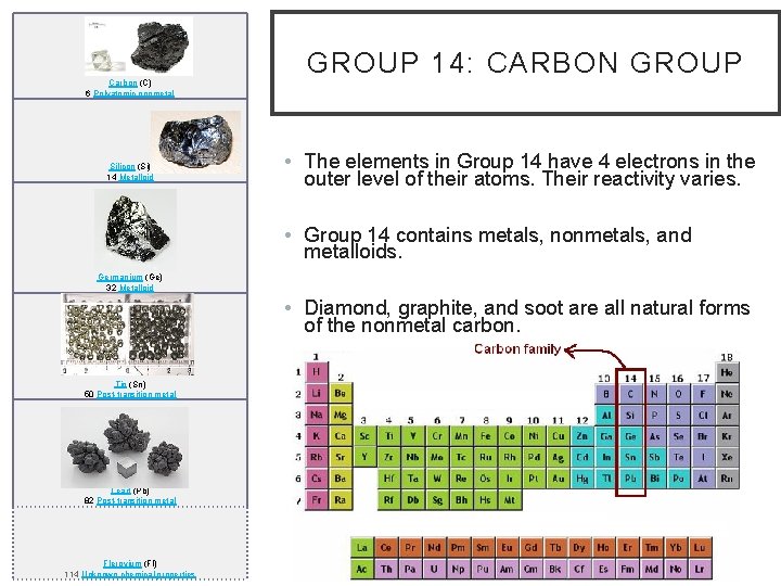 Carbon (C) 6 Polyatomic nonmetal Silicon (Si) 14 Metalloid GROUP 14: CARBON GROUP •