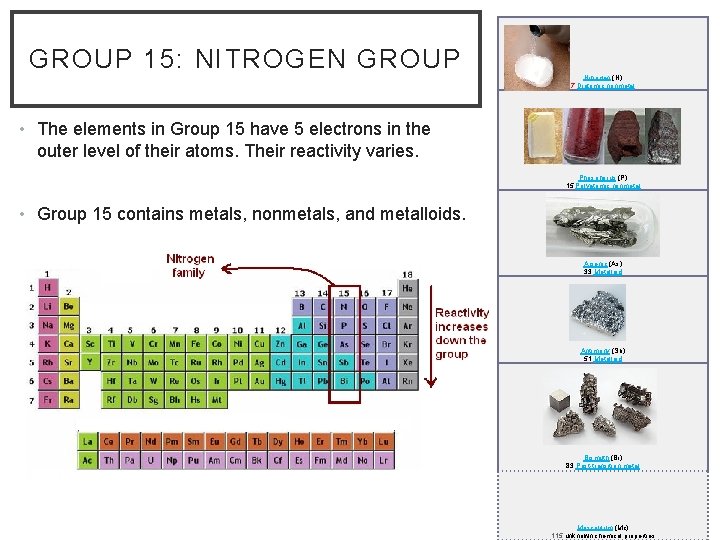 GROUP 15: NITROGEN GROUP Nitrogen (N) 7 Diatomic nonmetal • The elements in Group