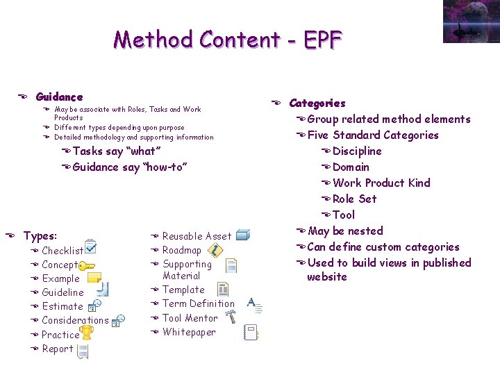 Method Content - EPF E Guidance E May be associate with Roles, Tasks and