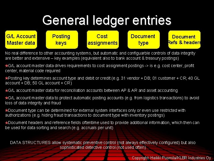 General ledger entries G/L Account Master data Posting keys Cost assignments Document type Document