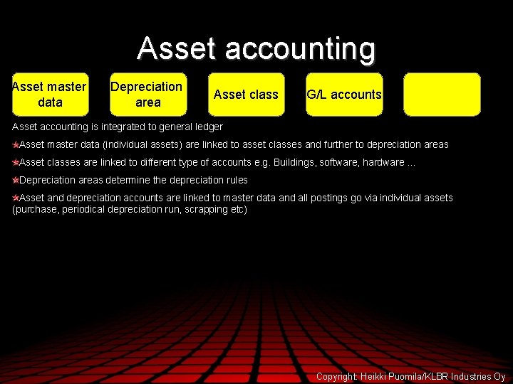 Asset accounting Asset master data Depreciation area Asset class G/L accounts Asset accounting is