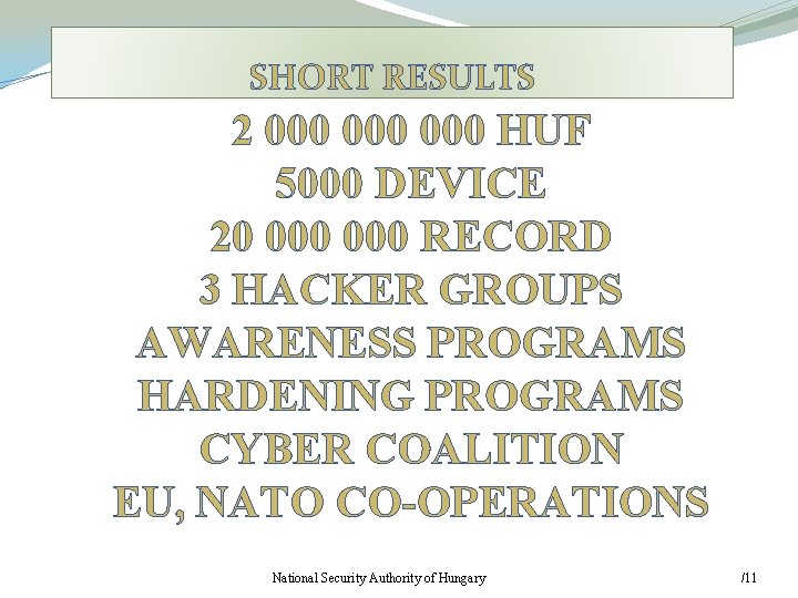 SHORT RESULTS 2 000 000 HUF 5000 DEVICE 20 000 RECORD 3 HACKER GROUPS