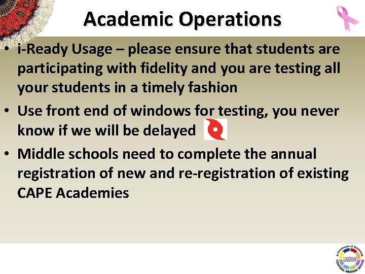 Academic Operations • i-Ready Usage – please ensure that students are participating with fidelity