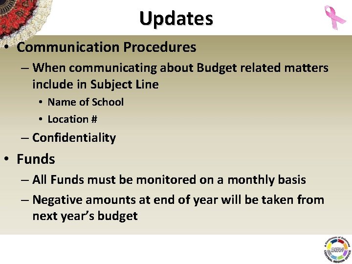 Updates • Communication Procedures – When communicating about Budget related matters include in Subject