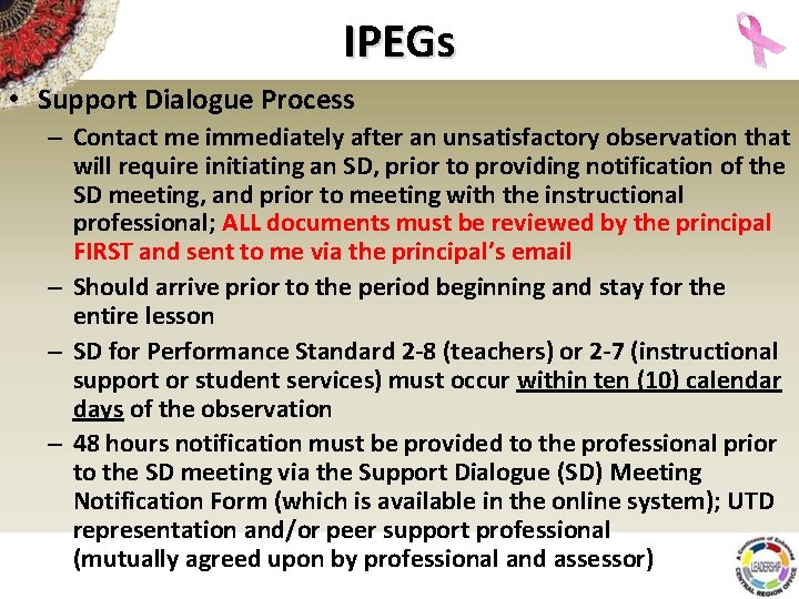 IPEGs • Support Dialogue Process – Contact me immediately after an unsatisfactory observation that