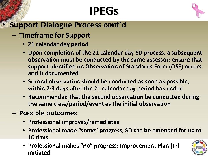 IPEGs • Support Dialogue Process cont’d – Timeframe for Support • 21 calendar day