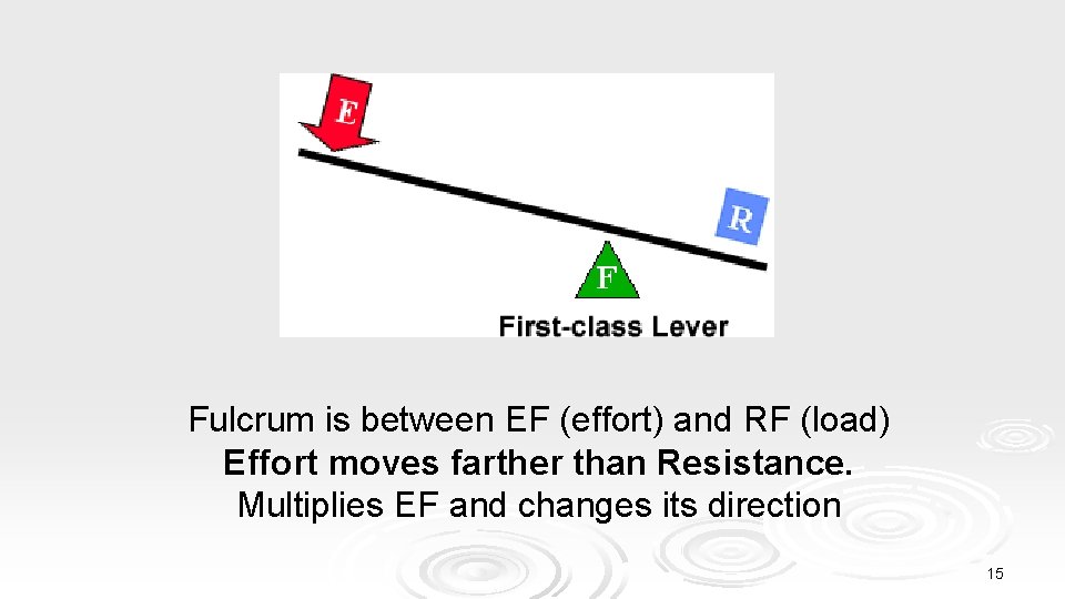 Fulcrum is between EF (effort) and RF (load) Effort moves farther than Resistance. Multiplies