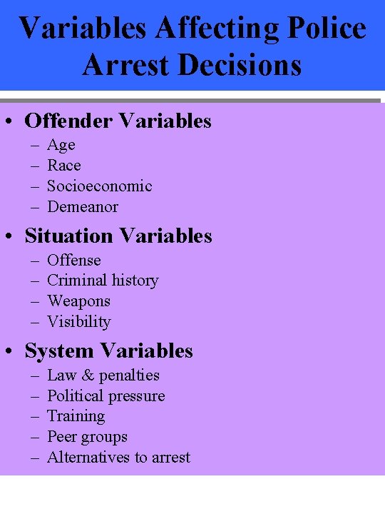Variables Affecting Police Arrest Decisions • Offender Variables – – Age Race Socioeconomic Demeanor