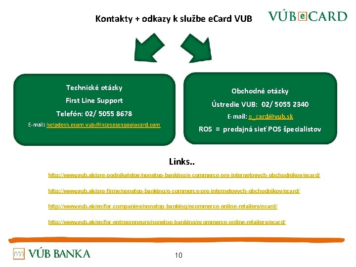  Kontakty + odkazy k službe e. Card VUB Technické otázky Obchodné otázky First