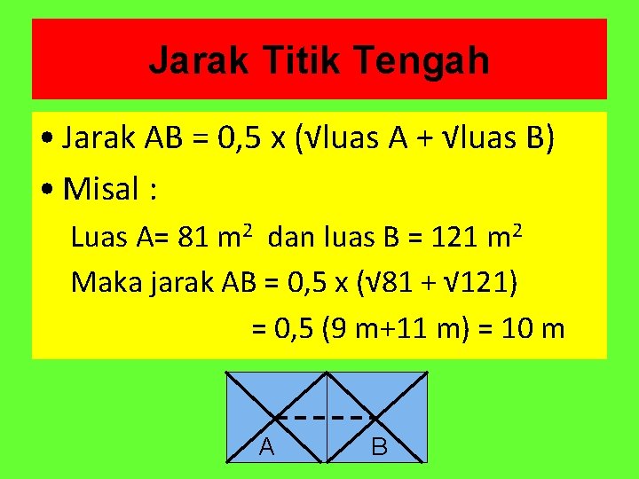 Jarak Titik Tengah • Jarak AB = 0, 5 x (√luas A + √luas