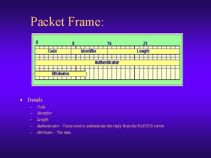 Packet Frame: ¨ Details – Code – Identifier – Length – Authenticator - Value