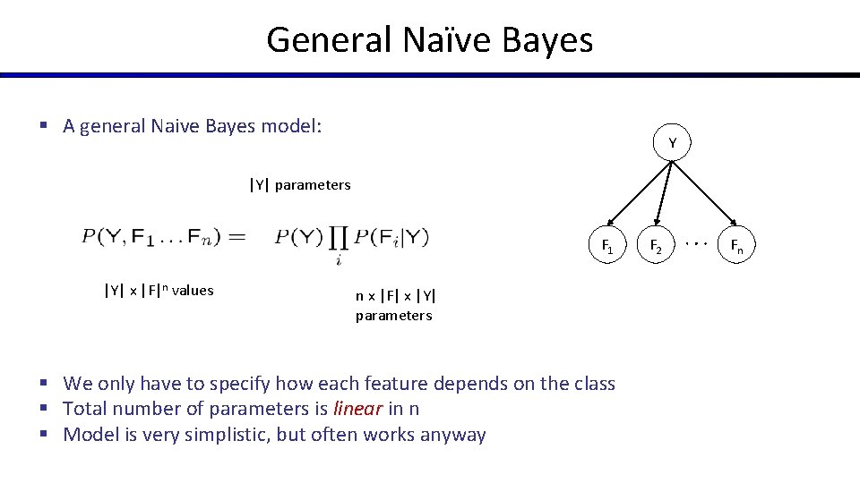 General Naïve Bayes § A general Naive Bayes model: Y |Y| parameters F 1