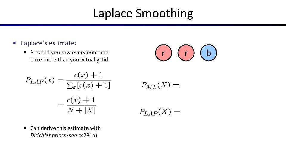 Laplace Smoothing § Laplace’s estimate: § Pretend you saw every outcome once more than